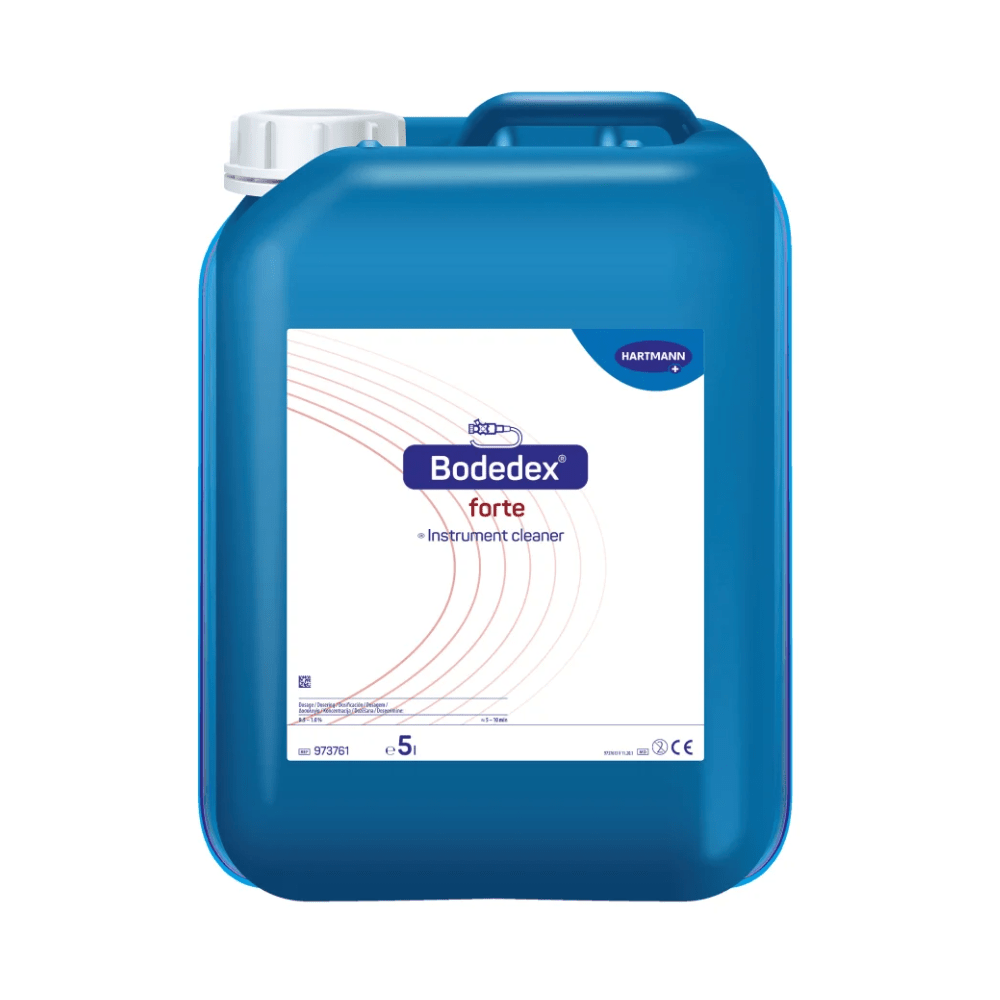 Niebieski plastikowy kanister z napisem „Hartmann Bodedex® forte środek czyszczący do instrumentów” firmy Paul Hartmann AG, z oznaczeniem poziomu napełnienia i wielojęzycznymi opisami produktu.