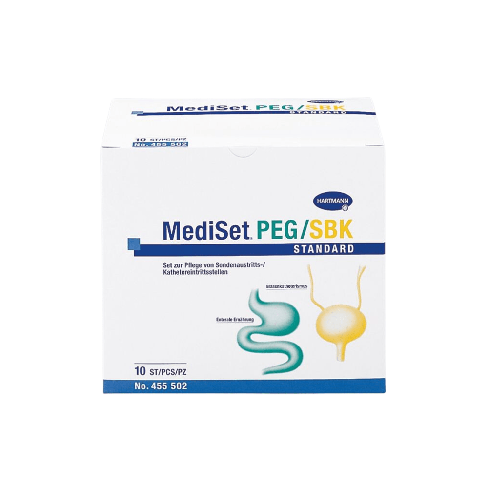 Ilustracja pudełka z napisem „Hartmann MediSet PEG/SPK Standard Katheter-Set, sterylny”. Ten produkt firmy Paul Hartmann AG zawiera 10 zestawów do pielęgnacji cewnika. Na przedniej stronie znajdują się ilustracje przewodu pokarmowego i cewnika, a na opakowaniu widnieje numer produktu 455 502 oraz tekst w języku niemieckim.