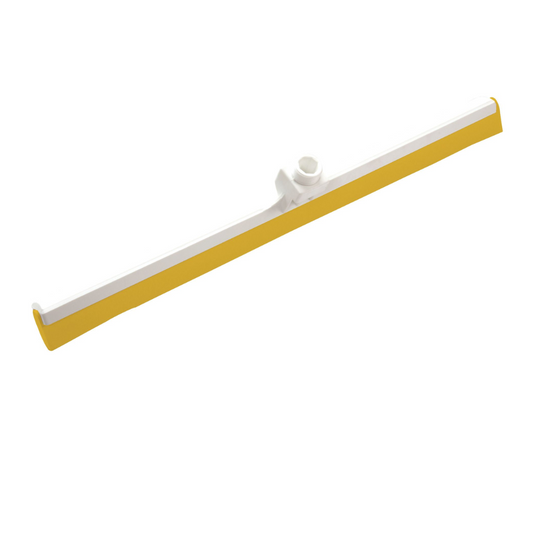 Ein Bodenwischer Wasserschieber der Haug Bürsten KG in Gelb und Weiß mit langem, flachem Blatt und Aufnahme für Stielbefestigung entspricht den HACCP-Hygienestandards. Bei diesem Modell handelt es sich um den 2-lippigen Lebensmittelgummi mit den Abmessungen 620 x 35 x 105 mm.