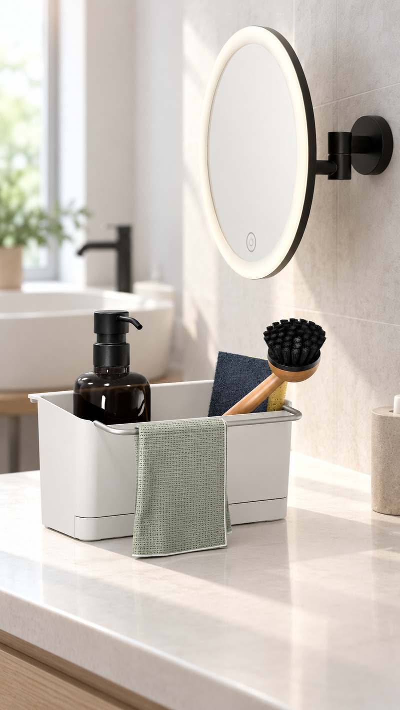 Spülbox mit Seifenspender, Spülbürste und Tuch, dahinter ein beleuchteter Kosmetikspiegel