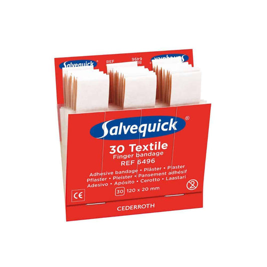 Eine geöffnete Holthaus Medical Salvequick® Nachfülleinsatz-Box enthält 30 textile Fingerverbände (120 x 20 mm) für den Pflasterspender. Produktinfos und Logos sind sichtbar. Marke: Holthaus Medical GmbH & Co. KG.