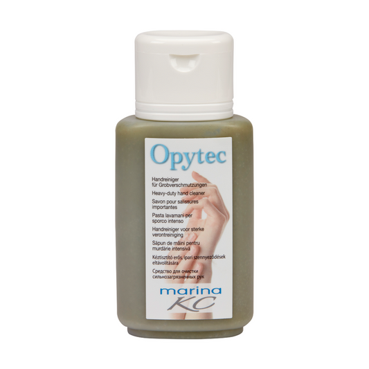 Eine Kunststoffflasche der Johannes Kiehl KG mit weißem Deckel und der Aufschrift Kiehl Opytec Handreiniger für Grobverschmutzungen" trägt ein mehrsprachiges marina KC"-Etikett auf hellem Grund.