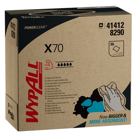 Ein Karton der Kimberly-Clark GmbH WypAll® X70 PowerClean Zupfbox/Blau (10 Kartons x 100 Blatt) zeigt Produktinfos, eine blau-schwarze Handwisch-Illustration und den Text "Now BIGGER & MORE ABSORBENT!" für professionelle Reinigung.