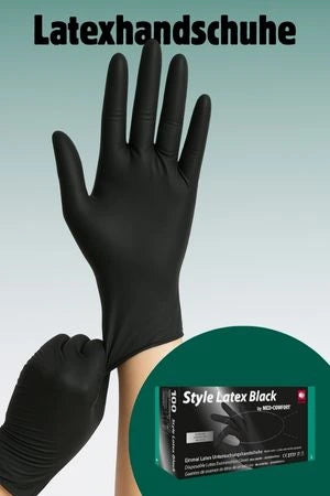 Person zieht schwarze Latexhandschuhe an, darunter ist eine Verpackung der Style Latex Black Handschuhe von Med-Comfort zu sehen, mit der Aufschrift ‚Latexhandschuhe‘ im oberen Bildbereich.