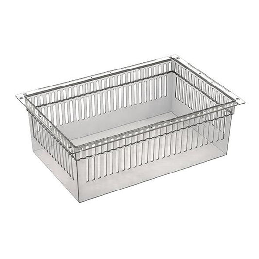 Das Novocal PC-Modul transparent teilbar (600 x 400 x 200 mm) ist ein leerer, klarer Kunststoff-Aufbewahrungsbehälter mit vertikalen Schlitzen und flachem Rand, ideal für die Aufbewahrung von PC-Komponenten. Abgebildet auf weißem Hintergrund. Inklusive Auszugsstopps. Verpackung: 1 Stück.