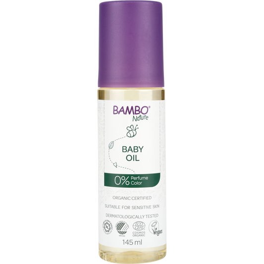 Eine 145 ml Flasche Bambo Nature Babyöl von Abena Re-Seller GmbH, farb- und parfümfrei, bio-zertifiziert, dermatologisch getestet, vegan-ideal für die sanfte Babypflege. Inklusive lila Kappe. Box enthält 48 Einheiten.