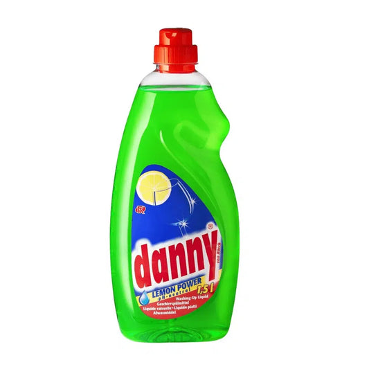 Eine 1,5-Liter-Flasche Rösch Danny Lemon Power Geschirrspülmittel von Rösch Germany GmbH ist in Grün erhältlich und enthält eine wirksame Zitronenduft-Formel. Mit einer roten Kappe und einem blauen Etikett mit einer Zitronengrafik betont dieses Geschirrspülmittel seine fettlösende Wirkung und ist gleichzeitig pH-neutral, was eine sanfte und dennoch effiziente Reinigung gewährleistet.
