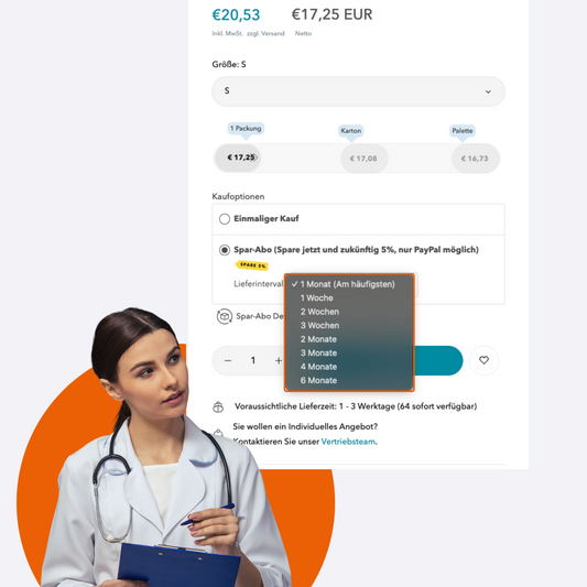 Eine Ärztin mit Stethoskop und Klemmbrett blickt auf den Bildschirm einer Website, auf der eine Produktbestellungsseite angezeigt wird, auf der in einem Dropdown-Menü die Lieferintervalle von einer Woche bis zu sechs Monaten hervorgehoben sind.