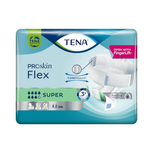 Eine Packung TENA Flex Super Inkontinenzvorlage mit Hüftbund von TENA - Essity Germany GmbH, mit ComfiStretch und sicherem Hüftbund. Die mit der FeelDry-Technologie ausgestattete Verpackung zeigt Symbole, die die Produkteigenschaften hervorheben, und enthält ein Diagramm der Inkontinenzvorlage.