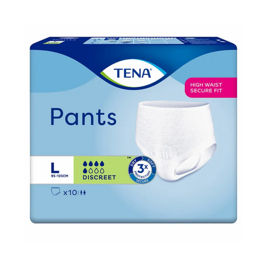 Die TENA Pants Discreet Inkontinenzhose von TENA – Essity Germany GmbH in Größe Large bietet einen hohen, sicheren Sitz. Die Verpackung betont ihr diskretes Design, einschließlich 10 Einweghosen (Einwegunterwäsche), mit einem blau-weißen Farbschema, das ihre Saugfähigkeit und Sicherheitsmerkmale zur Behandlung von Blasenschwäche hervorhebt.