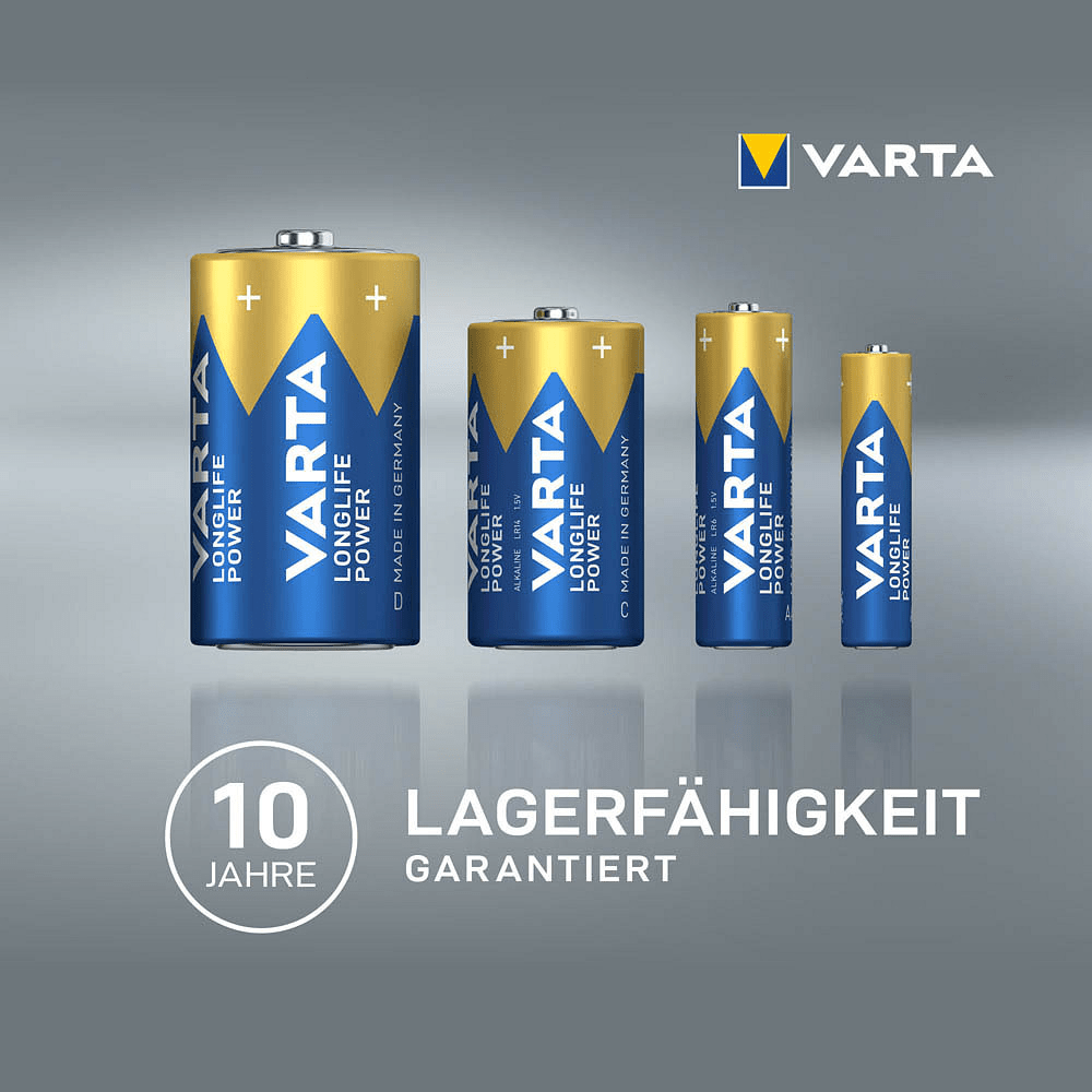 Cztery baterie Varta Longlife Power Micro AAA 4903 LR03, ułożone od największej do najmniejszej, z napisem „Gwarantowany okres przechowywania 10 lat”.