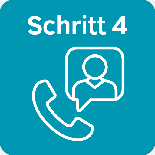 Ein weißes Symbol eines Telefonhörers und der Umriss einer Person in einer Sprechblase, mit dem Text "Schritt 4" am oberen Rand, auf einem blaugrünen Hintergrund.