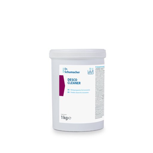 Dr. Schumacher DESCO CLEANER w białym pojemniku z tworzywa sztucznego (1 kg) firmy Dr. Schumacher GmbH z niebieskimi napisami, fioletowym elementem wzorniczym i białą zakrętką. Odpowiedni do wszystkich powierzchni i zapewnia bezsmugowe rezultaty.