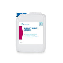 Biały plastikowy pojemnik o pojemności 10 litrów z niebieską nakrętką i napisem "Dr. Schumacher THERMOSHIELD® XTREME" (od Dr. Schumacher GmbH), z niemieckimi informacjami o produkcie i symbolem do automatycznego przetwarzania - idealny do przemysłowego powlekania i ochrony powierzchni.