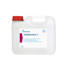 Biały plastikowy kanister o pojemności 5 litrów z czerwoną pokrywką i napisem "Dr. Schumacher THERMOSHIELD C | Kanister (5 l)" firmy Dr. Schumacher GmbH, z niebiesko-białą, wielojęzyczną etykietą do profesjonalnej dezynfekcji powierzchni.