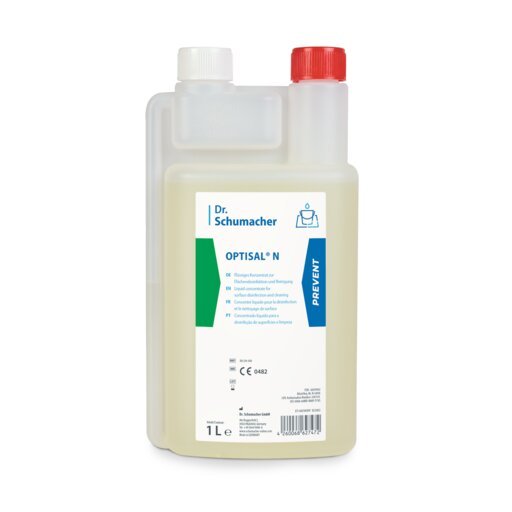 1-litrowa butelka środka dezynfekującego Dr. Schumacher OPTISAL® N z czerwoną nakrętką i komorą pomiarową. Etykieta zawiera wielojęzyczne informacje i niebieski pasek PREVENT, idealna do delikatnego czyszczenia wyrobów medycznych. Marka: Dr. Schumacher GmbH.