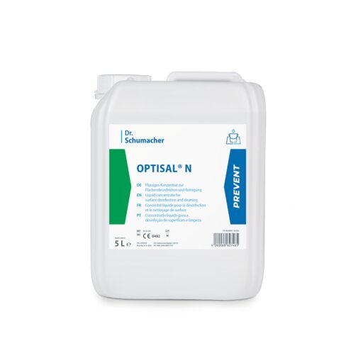 Biały 5-litrowy pojemnik z tworzywa sztucznego z napisem "Dr. Schumacher OPTISAL® N" firmy Dr. Schumacher GmbH, opracowany do delikatnego czyszczenia i dezynfekcji wyrobów medycznych. Etykieta jest wielojęzyczna i ma niebieski pasek "PREVENT" po prawej stronie.