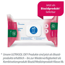 Opakowanie chusteczek dezynfekujących Dr. Schumacher Ultrasol Oxy Wipes (108 chusteczek) jest oznaczone niebieskim symbolem "Use Gloves" (używać rękawic) i wskazuje na ich dostępność jako produktu biobójczego, przy czym niemiecki tekst podkreśla ich zastosowanie do wyposażenia medycznego.
