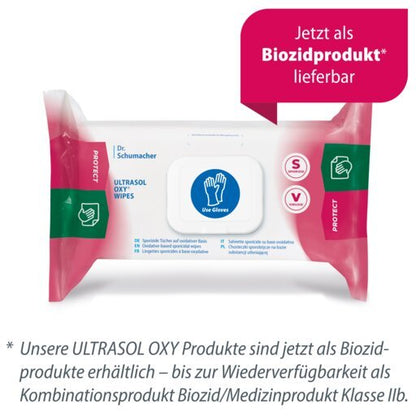 Opakowanie chusteczek dezynfekujących Dr. Schumacher Ultrasol Oxy Wipes (108 sztuk) jest opatrzone niebieskim symbolem „Use Gloves” (należy używać rękawiczek) i wskazuje, że produkt ten jest środkiem biobójczym, przy czym niemiecki tekst podkreśla jego przeznaczenie do stosowania w sprzęcie medycznym.