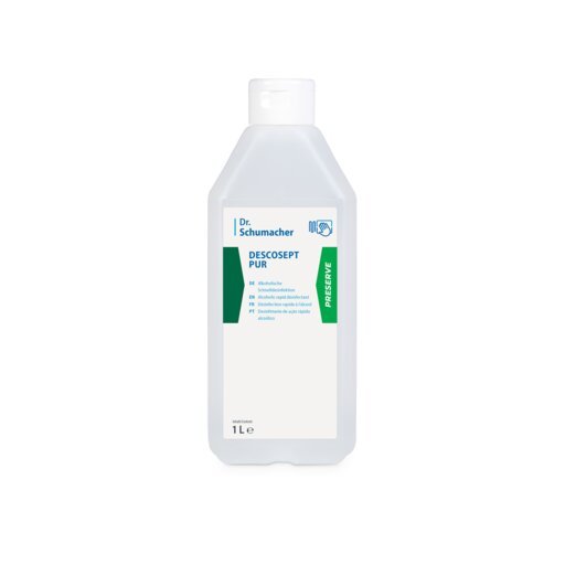 Plastikowa butelka 1L Dr. Schumacher DESCOSEPT PUR, szybka dezynfekcja od Dr. Schumacher GmbH, z białą etykietą z zielonymi i niebieskimi akcentami oraz białym zamknięciem. Idealna dla inwentarza medycznego; stoi pionowo na białym tle.