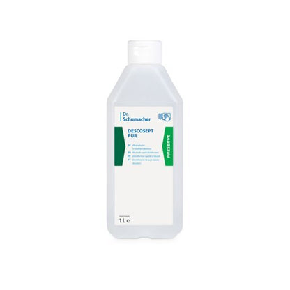 Plastikowa butelka 1L Dr. Schumacher DESCOSEPT PUR, szybka dezynfekcja od Dr. Schumacher GmbH, z białą etykietą z zielonymi i niebieskimi akcentami oraz białym zamknięciem. Idealna dla inwentarza medycznego; stoi pionowo na białym tle.