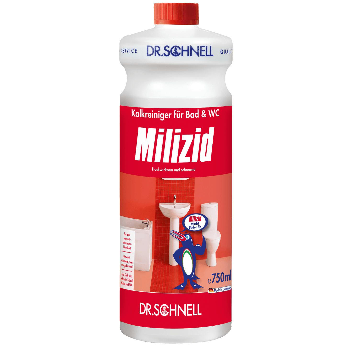 750 ml butelka Dr. Schnell MILIZID KALKREINIGER firmy DR.SCHNELL GmbH & Co. KGaA z czerwono-białą etykietą i motywem łazienkowym to mocny odkamieniacz do czyszczenia łazienki i toalety.