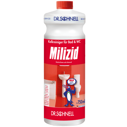 750 ml butelka Dr. Schnell MILIZID KALKREINIGER firmy DR.SCHNELL GmbH & Co. KGaA z czerwono-białą etykietą i motywem łazienkowym to mocny odkamieniacz do czyszczenia łazienki i toalety.