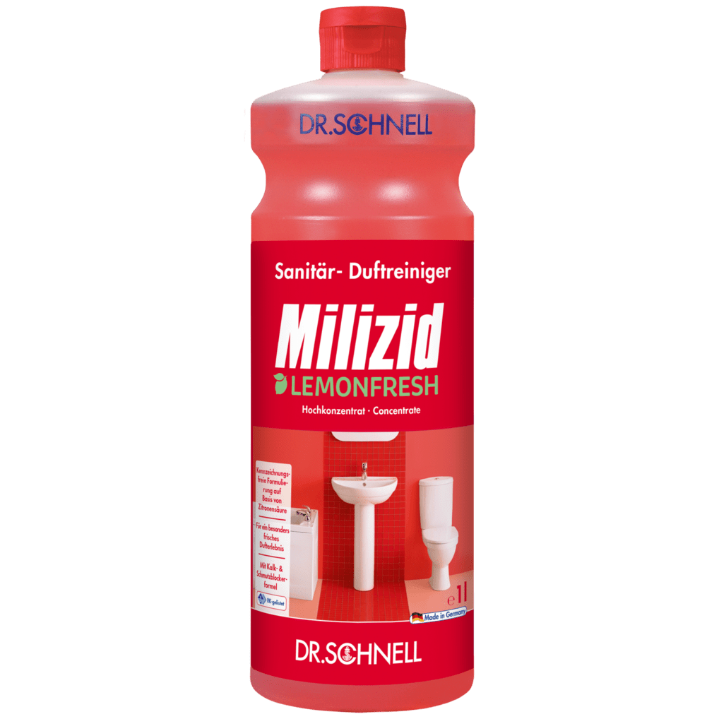 Czerwona butelka Dr. Schnell MILIZID LEMONFRESH firmy DR.SCHNELL GmbH & Co. KGaA, z czerwonym zakręcanym korkiem, niemieckim tekstem i ilustracjami umywalki oraz toalety na etykiecie.