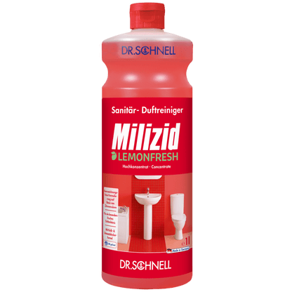 Czerwona butelka Dr. Schnell MILIZID LEMONFRESH firmy DR.SCHNELL GmbH & Co. KGaA, z czerwonym zakręcanym korkiem, niemieckim tekstem i ilustracjami umywalki oraz toalety na etykiecie.