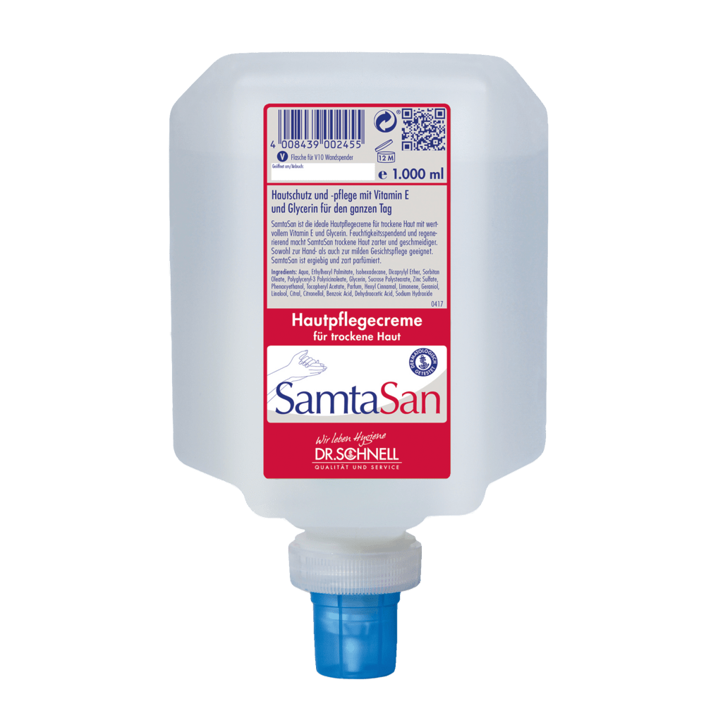 Butelka z dozownikiem 1.000 ml Dr. Schnell SAMTASAN od DR.SCHNELL GmbH & Co. KGaA ma czerwono-białą niemiecką etykietę, niebieską dyszę i jest idealna do profesjonalnego czyszczenia oraz użycia z narzędziami czyszczącymi.