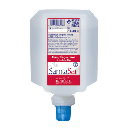 Butelka z dozownikiem 1.000 ml Dr. Schnell SAMTASAN od DR.SCHNELL GmbH & Co. KGaA ma czerwono-białą niemiecką etykietę, niebieską dyszę i jest idealna do profesjonalnego czyszczenia oraz użycia z narzędziami czyszczącymi.