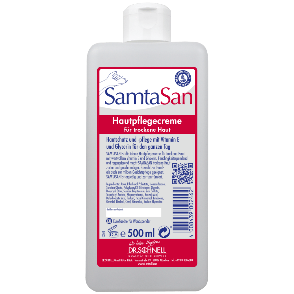 Butelka z dozownikiem 500 ml DR.SCHNELL GmbH & Co. KGaA Dr. Schnell SAMTASAN to biały krem pielęgnacyjny do suchej skóry, z zamknięciem typu flip-top i niemiecką etykietą, idealna do profesjonalnego czyszczenia i użycia z urządzeniami czyszczącymi.