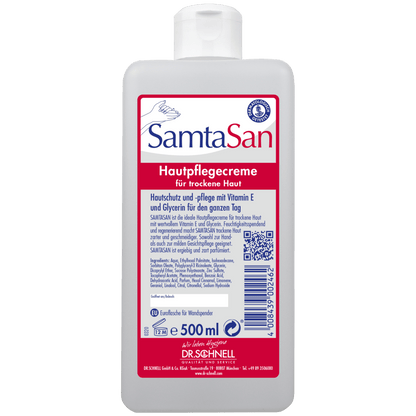 Butelka z dozownikiem 500 ml DR.SCHNELL GmbH & Co. KGaA Dr. Schnell SAMTASAN to biały krem pielęgnacyjny do suchej skóry, z zamknięciem typu flip-top i niemiecką etykietą, idealna do profesjonalnego czyszczenia i użycia z urządzeniami czyszczącymi.