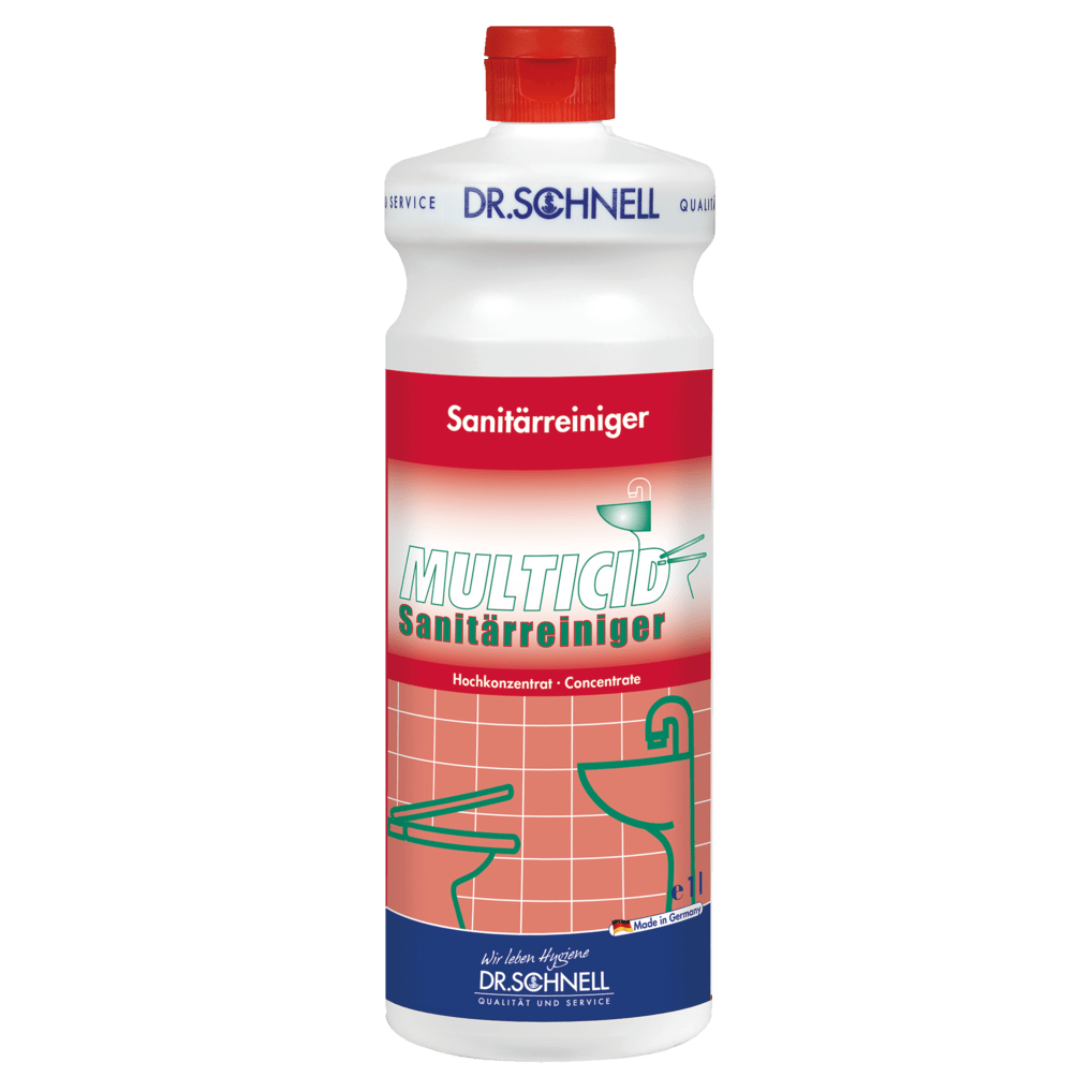 Biała plastikowa butelka z czerwonym zamknięciem i napisem "Dr. Schnell MULTICID środek czyszczący do sanitariatów" w zielonej i czerwonej czcionce firmy DR.SCHNELL GmbH & Co. KGaA, jest idealnym środkiem czyszczącym do dokładnego czyszczenia łazienki.