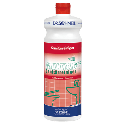Biała plastikowa butelka z czerwonym zamknięciem i napisem "Dr. Schnell MULTICID środek czyszczący do sanitariatów" w zielonej i czerwonej czcionce firmy DR.SCHNELL GmbH & Co. KGaA, jest idealnym środkiem czyszczącym do dokładnego czyszczenia łazienki.