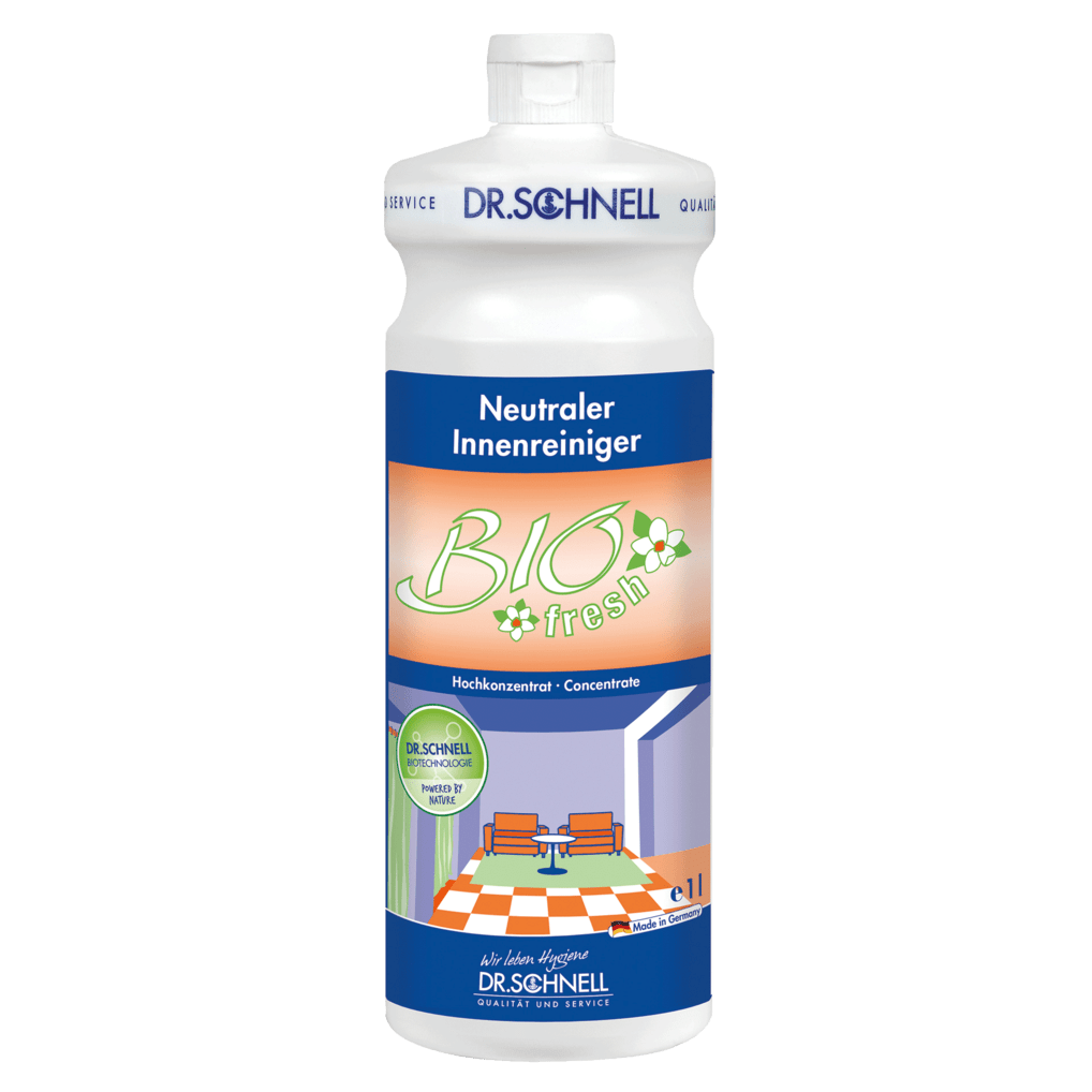 Biała butelka 1L DR.SCHNELL BIOFRESH Probiotyczny Eliminator Zapachów do sprzątania budynków i odświeżania pomieszczeń od DR.SCHNELL GmbH & Co. KGaA, z niebiesko-pomarańczową etykietą i grafiką wnętrza - idealna dla trwałej świeżości.