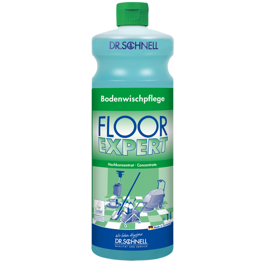 Eine grün-blaue Flasche der DR.SCHNELL GmbH & Co. KGaA Dr. Schnell FLOOR EXPERT Bodenreiniger Konzentrat zeigt auf dem Etikett einen deutschen Text und Abbildungen von Menschen, die Böden reinigen.