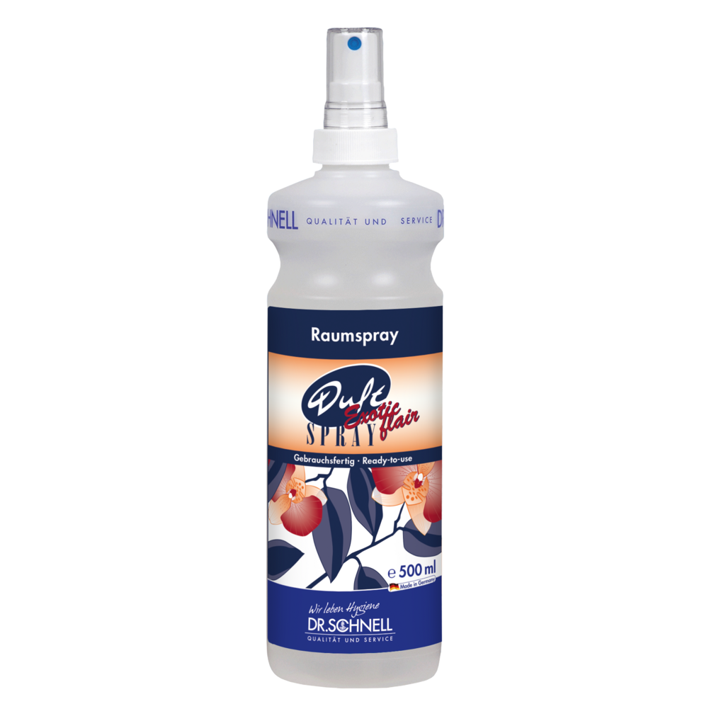 Eine 500ml Flasche DR.SCHNELL DUFTSPRAY EXOTIC FLAIR von DR.SCHNELL GmbH & Co. KGaA, ideal für orientalische Raumfrische in der Gebäudereinigung, abgebildet mit floralem blau-weißem Etikett und klarem Sprühkopf auf weißem Grund.