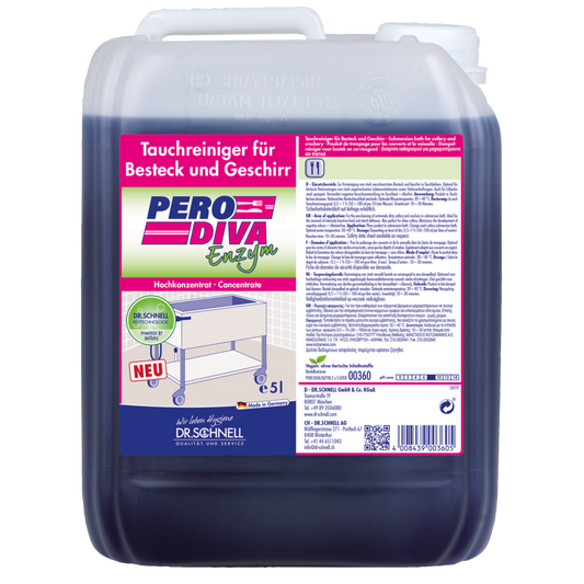Ein 5-Liter-Kanister Dr. Schnell PERO DIVA ENZYM Tauchbadreiniger von DR.SCHNELL GmbH & Co. KGaA, konzipiert für die Küchen- und Lebensmittelhygiene - ideal für makelloses Besteck und Geschirr, mit deutscher Info und einem Tischdiagramm auf dem Etikett.