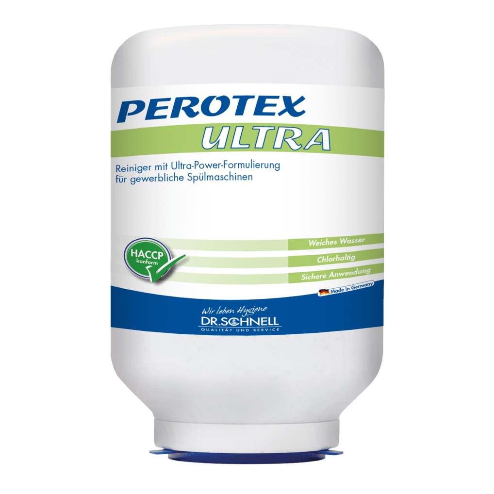 Duża biała 3 kg kaseta Dr. Schnell PEROTEX ULTRA środek do mycia naczyń do zmywarek przemysłowych, zawierający chlor, od DR.SCHNELL GmbH & Co. KGaA, jest ozdobiona niebieskimi i zielonymi akcentami i posiada certyfikat HACCP.