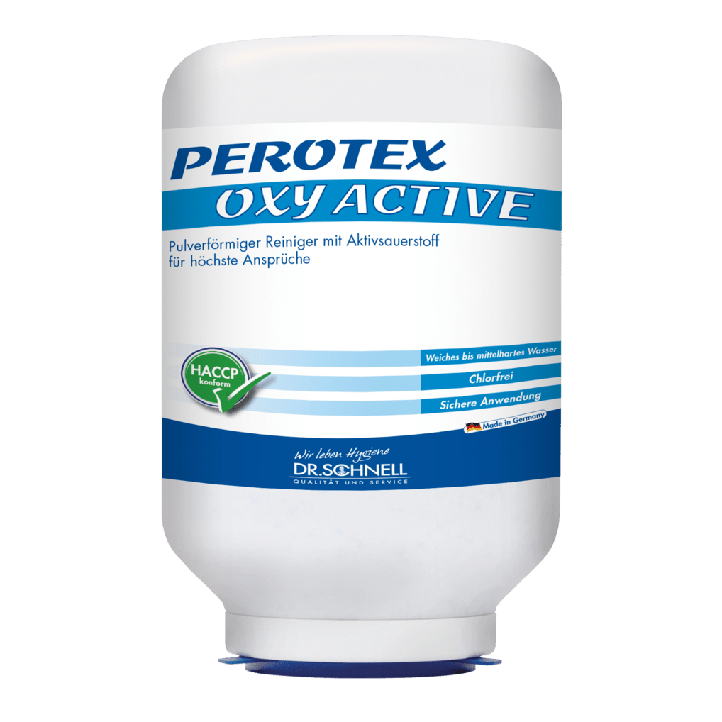 Biała kaseta o wadze 3 kg oznaczona jako "PEROTEX OXY ACTIVE" firmy DR.SCHNELL GmbH & Co. KGaA to profesjonalny środek do mycia naczyń z aktywnym tlenem, certyfikatem HACCP i niemiecką instrukcją do użytku w maszynach przemysłowych.