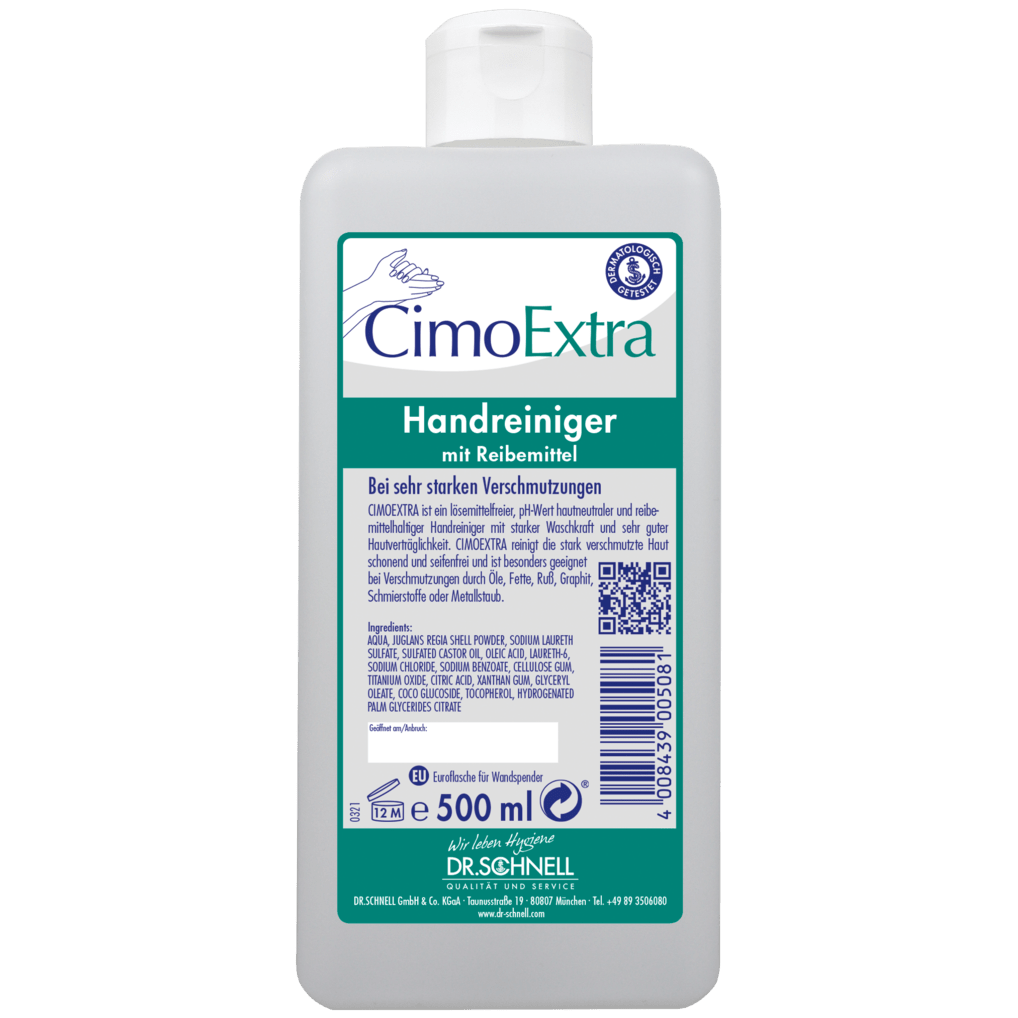 Biała 500 ml butelka Dr. Schnell CIMOEXTRA do czyszczenia skóry w butelkach dozujących DR.SCHNELL GmbH & Co. KGaA, z zamknięciem typu flip-top, z niebieskim i zielonym napisem, kodem kreskowym z przodu i głównie niemieckim oznakowaniem dla przyjaznego dla skóry czyszczenia.