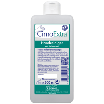 Biała 500 ml butelka Dr. Schnell CIMOEXTRA do czyszczenia skóry w butelkach dozujących DR.SCHNELL GmbH & Co. KGaA, z zamknięciem typu flip-top, z niebieskim i zielonym napisem, kodem kreskowym z przodu i głównie niemieckim oznakowaniem dla przyjaznego dla skóry czyszczenia.