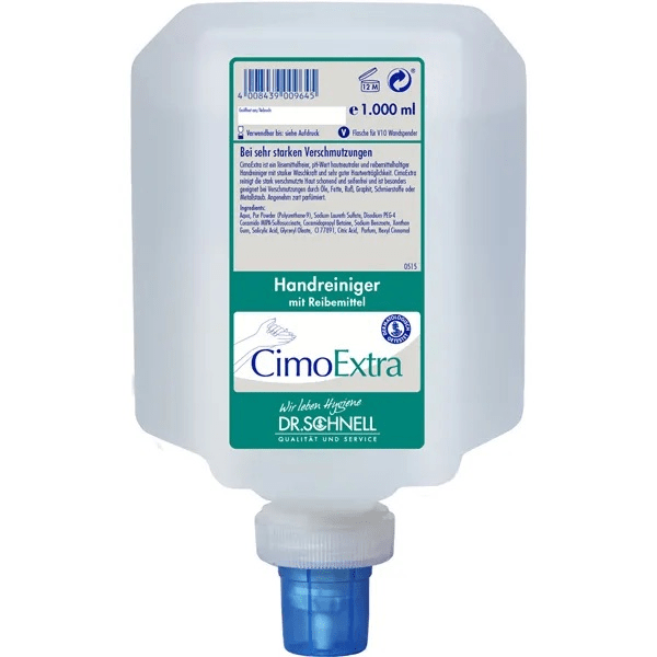 1000 ml Dr. Schnell CIMOEXTRA do czyszczenia skóry w butelkach dozujących z środkiem ściernym od DR.SCHNELL GmbH & Co. KGaA, z niebieskim zamknięciem dozującym i zielono-białą etykietą z informacjami o produkcie i marce.