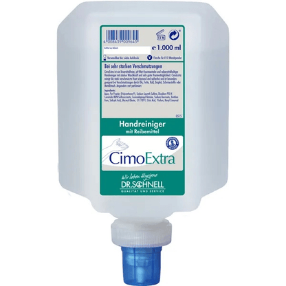 1000 ml Dr. Schnell CIMOEXTRA do czyszczenia skóry w butelkach dozujących z środkiem ściernym od DR.SCHNELL GmbH & Co. KGaA, z niebieskim zamknięciem dozującym i zielono-białą etykietą z informacjami o produkcie i marce.