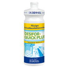 Eine weiße 1L Flasche der DR.SCHNELL GmbH & Co. KGaA DESIFOR-QUICK PLUS Flächendesinfektion, begrenzt viruzides Medizinprodukt, mit gelb-blauem Etikett und weißem Verschluss-ideal für die hygienische Reinigung und begrenzten viruziden Schutz.