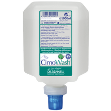Ein weißer Kunststoffbehälter mit 1.000 ml der Dr. Schnell CIMOWASH Antimikrobielle Waschlotion der DR.SCHNELL GmbH & Co. KGaA, mit blauem Verschluss und grün-weißem Etikett mit mehrsprachiger Gebrauchsanweisung.