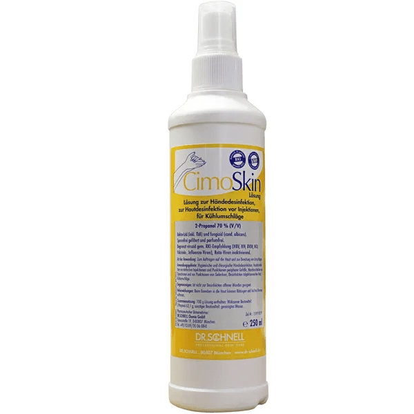 Biała butelka z rozpylaczem 250 ml Dr. Schnell CIMOSKIN dezynfekcji rąk DR.SCHNELL GmbH & Co. KGaA, do higienicznej dezynfekcji rąk, z żółtym i białym napisem oraz przyjazną dla skóry recepturą.