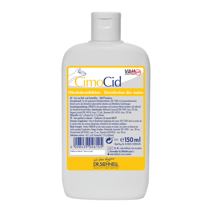 Biała plastikowa butelka z Dr. Schnell CIMOCID SENSITIVE do dezynfekcji rąk (150 ml) firmy DR.SCHNELL GmbH & Co. KGaA, z żółto/niebieską niemiecką i francuską etykietą z informacjami o skutecznej redukcji zarazków, kodem kreskowym i zamkniętą zakrętką.