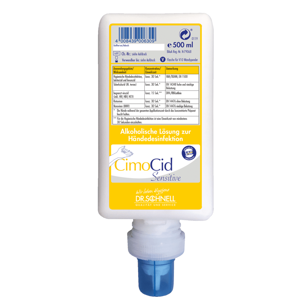 Biała butelka 500 ml Dr. Schnell CIMOCID SENSITIVE do dezynfekcji rąk firmy DR.SCHNELL GmbH & Co. KGaA, z niebieską zakrętką i żółto-niebieską etykietą w języku niemieckim. Delikatna dla skóry, odpowiednia do skutecznej redukcji zarazków.